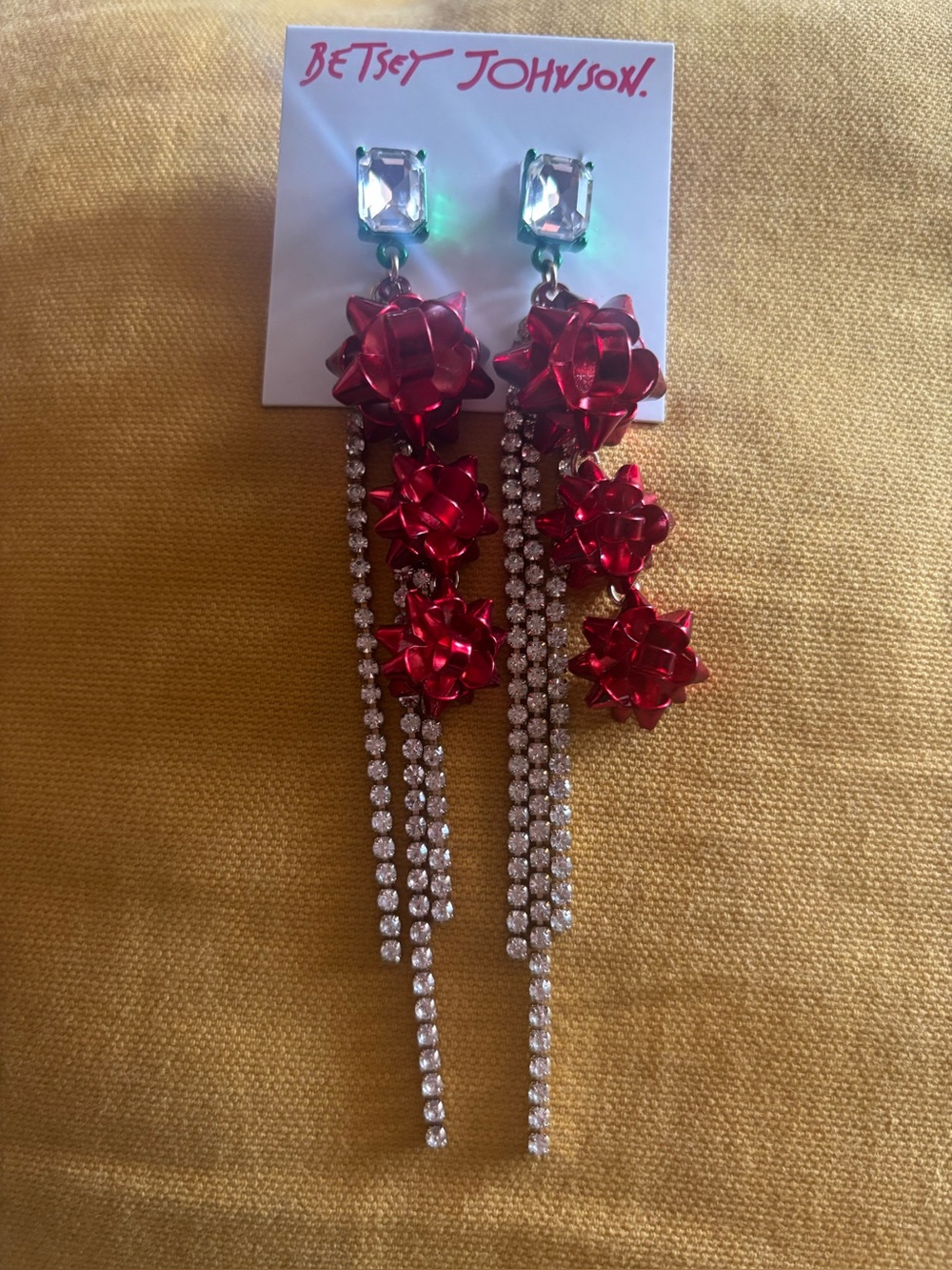 Betsey Johnson Red Bow Drop Crystal Tassel Earrings